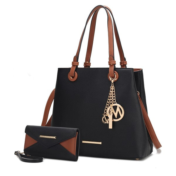 Black Kearny tote with matching wallet, vegan leather, gold-tone hardware.