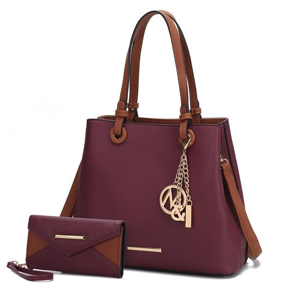 Burgundy Kearny tote and wallet set, vegan leather, gold-tone accents.