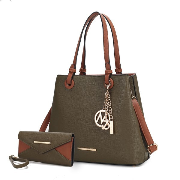 Olive Kearny tote and wallet set, vegan leather, gold-tone hardware.