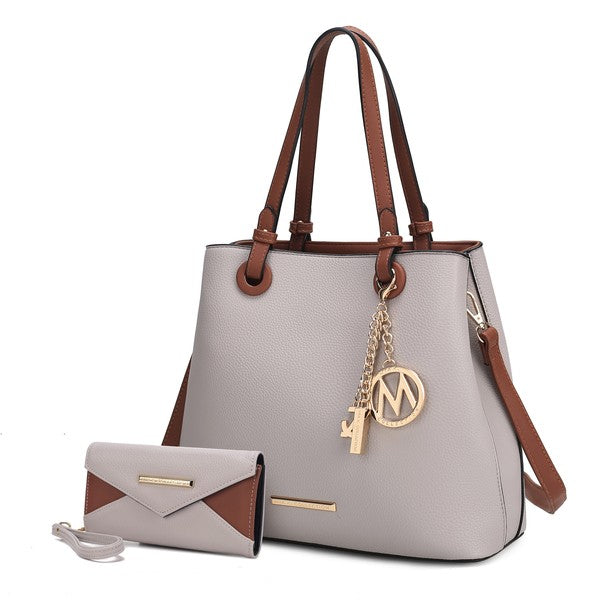 Light gray Kearny tote and wallet, vegan leather, gold-tone hardware.