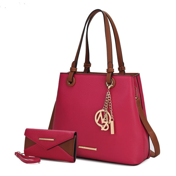 Fuchsia Kearny tote and wallet set, vegan leather, gold-tone accents.