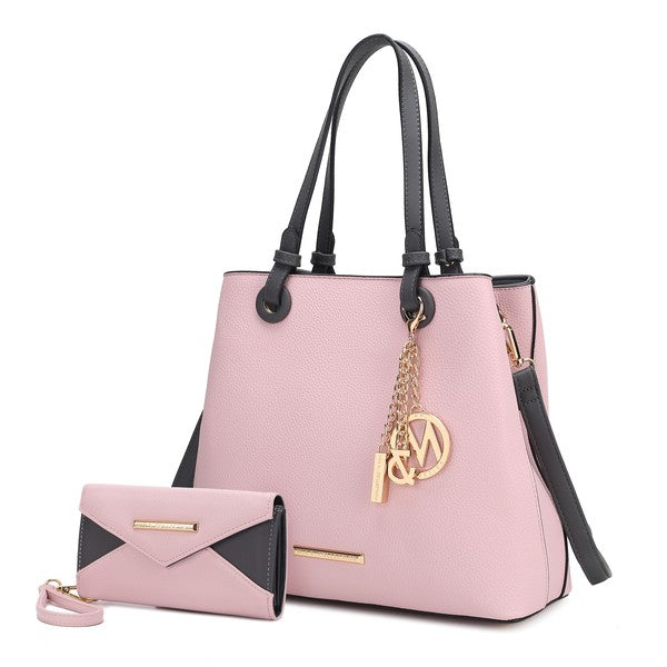 Pink Kearny tote and wallet, vegan leather, gold-tone hardware.