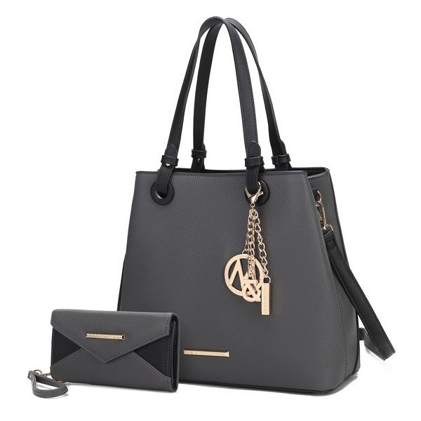 Charcoal Kearny tote with wallet, gold-tone hardware, vegan leather.