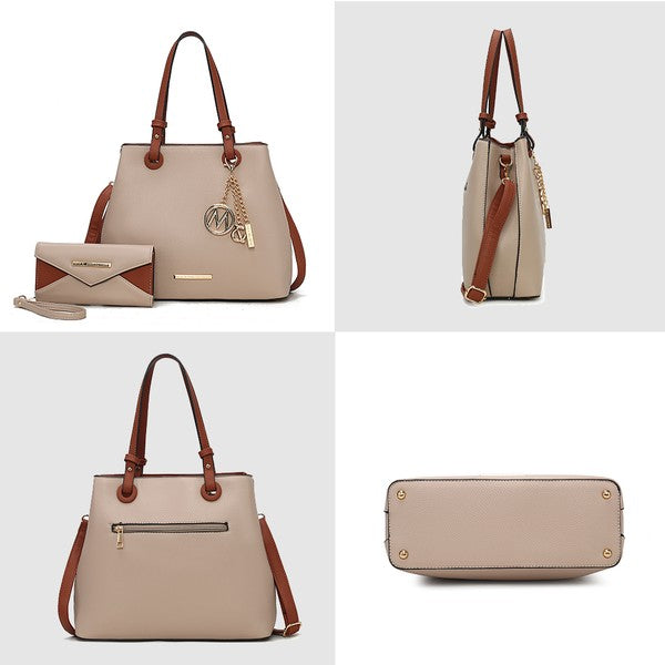Taupe Kearny tote and wallet collage showing front, back, side, and bottom views.