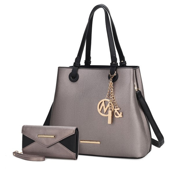 Pewter Kearny tote with wallet, vegan leather, gold-tone accents.