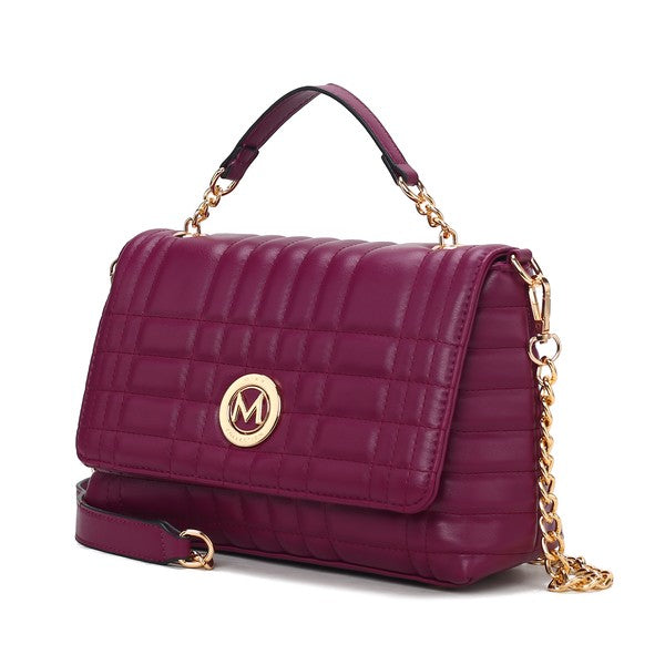 Front view of MKF Lola Burgundy Quilted Shoulder Bag with magnetic snap closure.