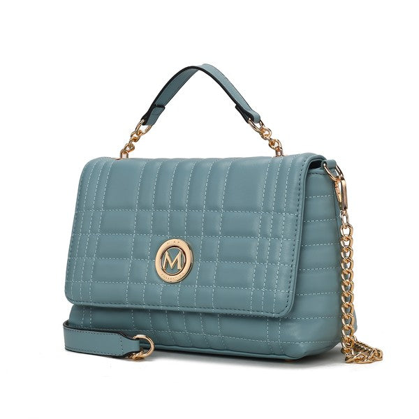 MKF Lola Quilted Vegan Leather Shoulder Bag in Denim Blue with gold hardware accents.