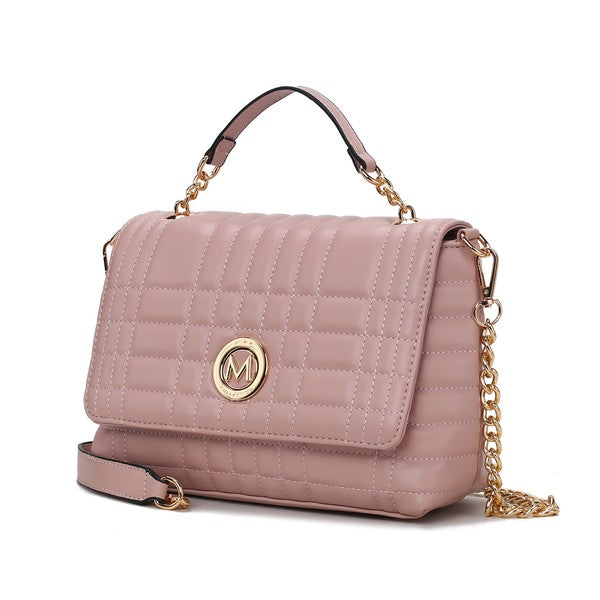 Front view of MKF Lola Pink Quilted Bag with magnetic snap closure and elegant stitch detail.