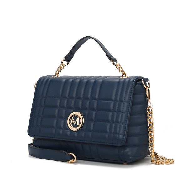 Front view of MKF Lola Quilted Navy Bag showing structured design and magnetic closure.