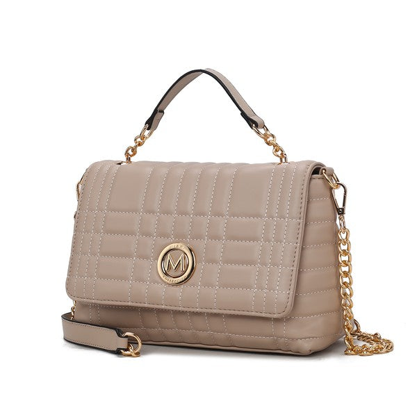 MKF Lola Quilted Vegan Leather Shoulder Bag in Beige with gold hardware and top handle.