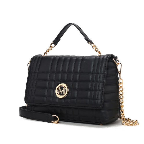 MKF Lola Quilted Vegan Leather Shoulder Bag in Black with gold-tone hardware and top handle.