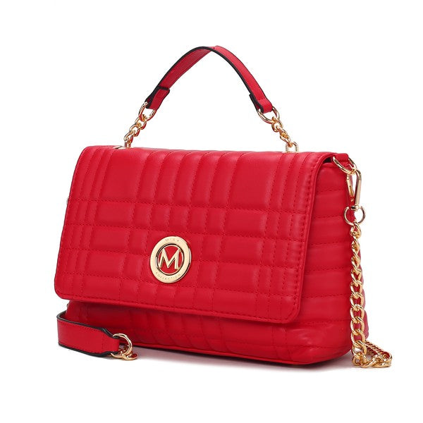 Front view of MKF Lola Quilted Shoulder Bag in Red featuring quilt design and snap closure.