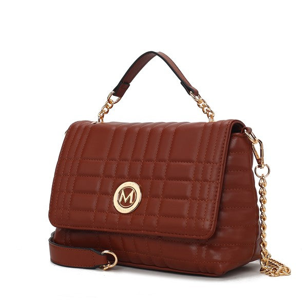 Front view of MKF Lola Quilted Shoulder Bag in Brown with magnetic closure and quilted design.