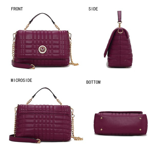 Four different angles of MKF Lola Quilted Vegan Leather Bag in Burgundy showing luxe finish.