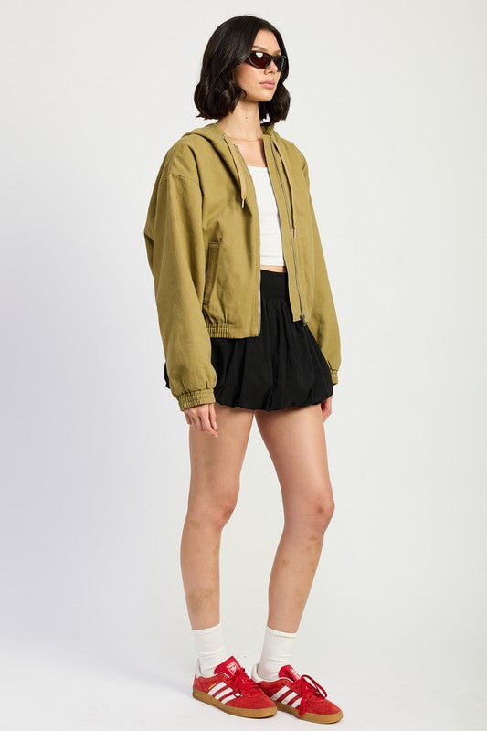 Bryn Denim Hoodie in khaki, full body casual look with relaxed fit