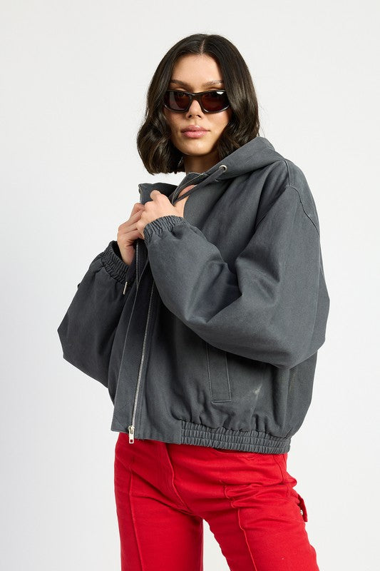 Bryn Denim Hoodie in charcoal, front view with zip closure and elastic trim