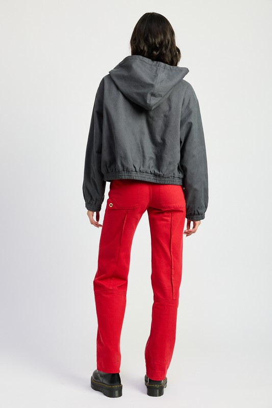 Bryn Denim Hoodie in charcoal, back view showing hood and elastic hemline