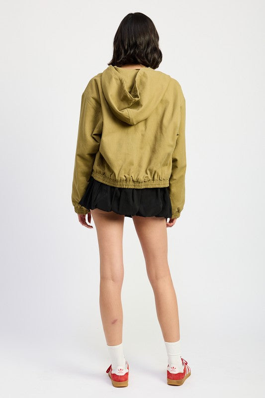 Bryn Denim Hoodie in khaki, back view with hood and elastic hemline