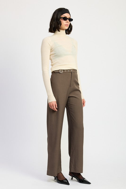 Full body view of Tricia ash-brown trousers with sleek silhouette and tailored straight-leg cut.
