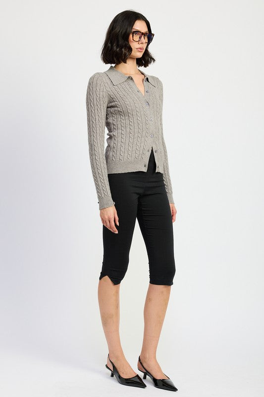 Side view of gray Luiza Cable Knit Cardigan showing collared neckline and slim fit.