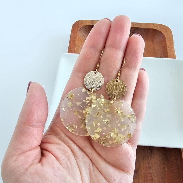 Zoey Earrings - bold statement earrings with unique acrylic design, featuring 18K gold-plated hypoallergenic stainless steel hooks, gold-plated brushed brass charms, and gold flake variations.