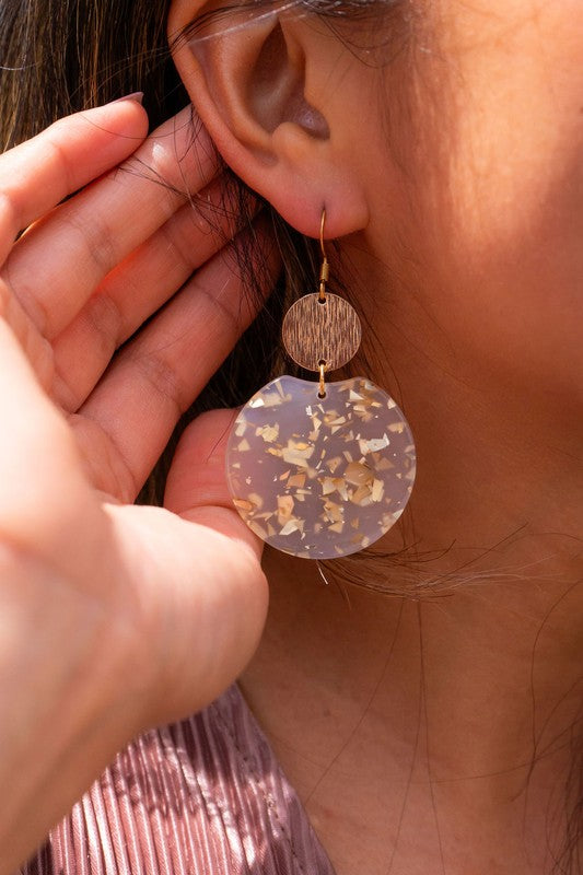Zoey Earrings - bold statement earrings with unique acrylic design, featuring 18K gold-plated hypoallergenic stainless steel hooks, gold-plated brushed brass charms, and gold flake variations.