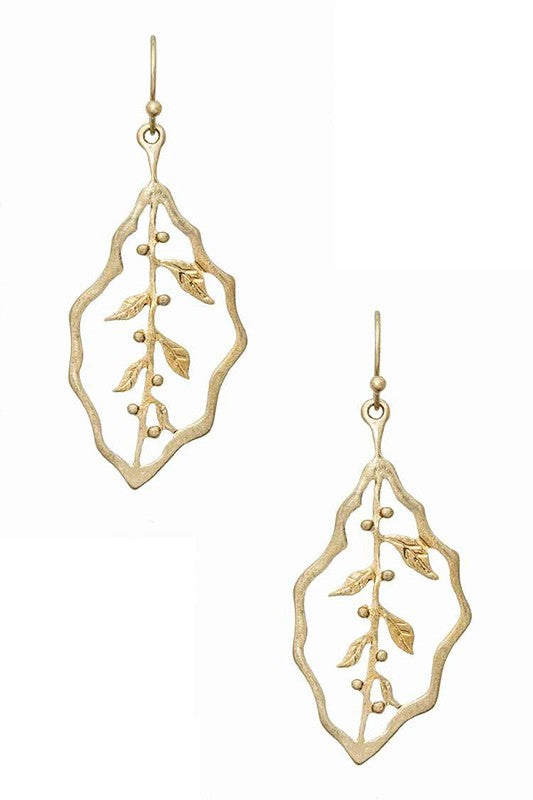 Leaf Vintage-Inspired Earrings in gold with intricate leaf detailing and 2-inch drop.
