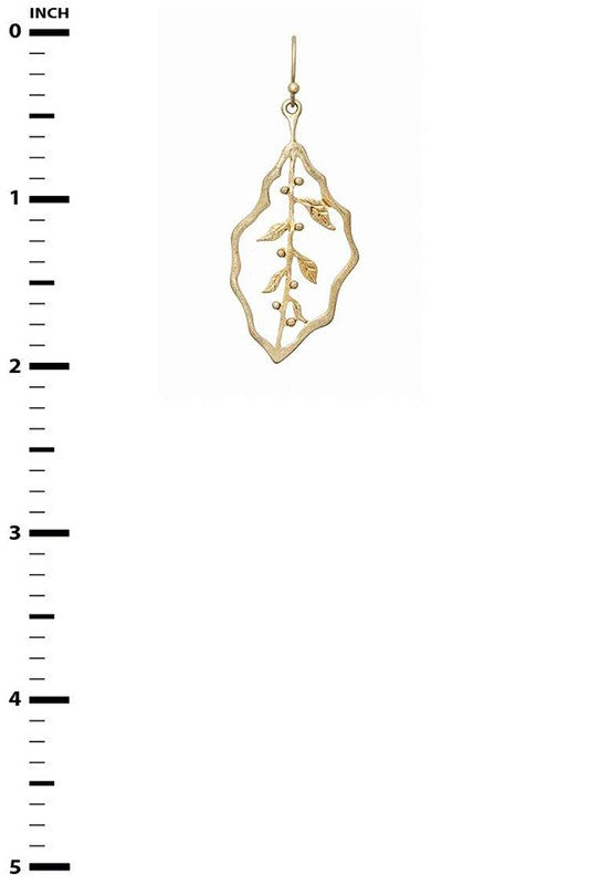 Leaf Vintage-Inspired Earrings in gold with 2-inch drop shown next to ruler for scale.
