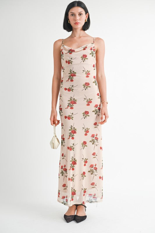 Full body view of Rieka Rose Floral Maxi Dress styled with heels for a romantic look.
