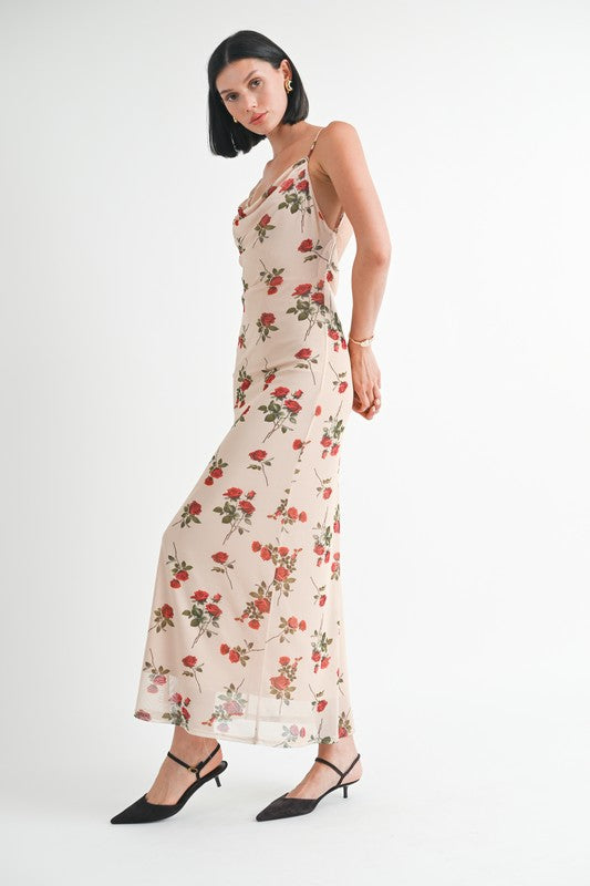 Side view of Rieka Rose Floral Maxi Dress highlighting spaghetti straps and cowl neckline.