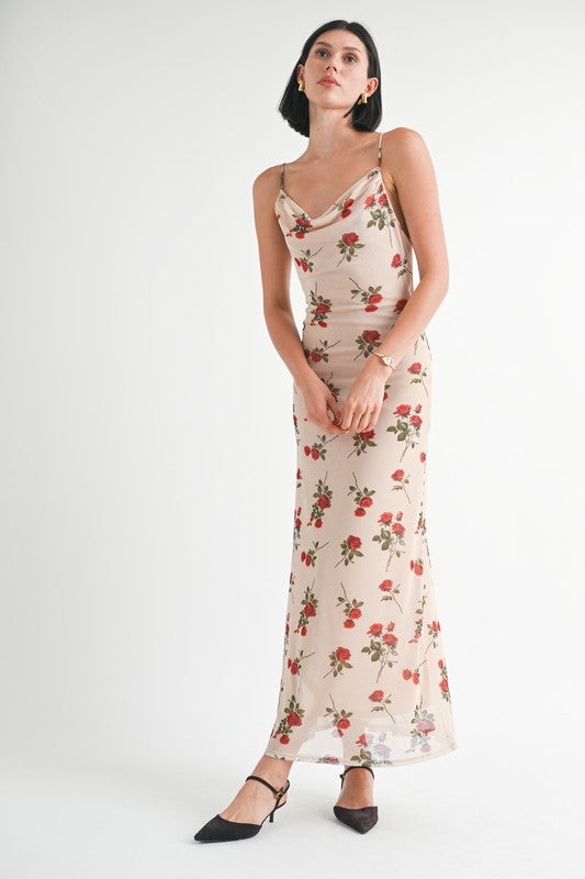 Full body view of Rieka Rose Floral Maxi Dress showing flowy silhouette and rose floral print.