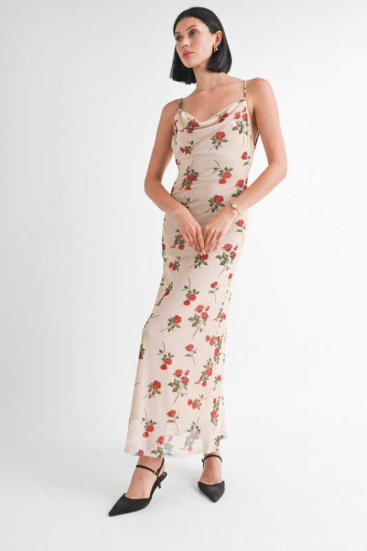 Full body view of Rieka Rose Floral Maxi Dress with cowl neck and open back.