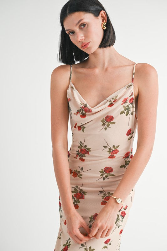 Close-up of rose floral print on Rieka Maxi Dress with cowl neckline detail.
