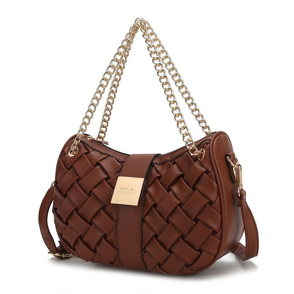 Brown Solari Braided Chain Shoulder Bag with woven exterior and luxe braided chain strap.