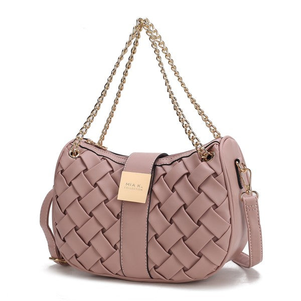 Pink Solari Braided Chain Shoulder Bag with textured woven finish and gold-tone braided chain strap.