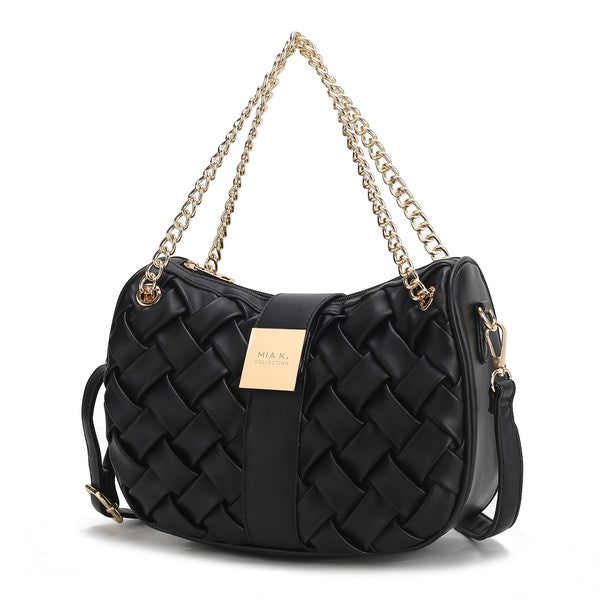Black Solari Braided Chain Shoulder Bag featuring textured woven design and gold-tone chain strap.