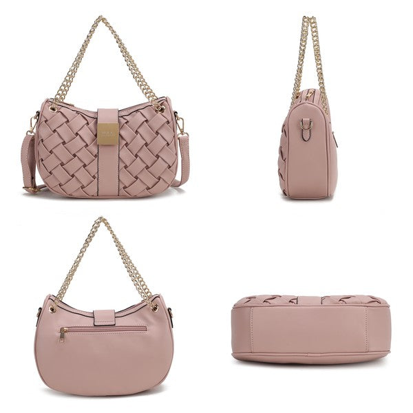 Collage of pink Solari Braided Chain Shoulder Bag showing front, side, back, and bottom views with woven exterior and gold-tone chain strap.