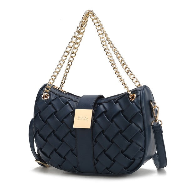 Navy Solari Braided Chain Shoulder Bag featuring woven exterior and elegant braided chain strap.