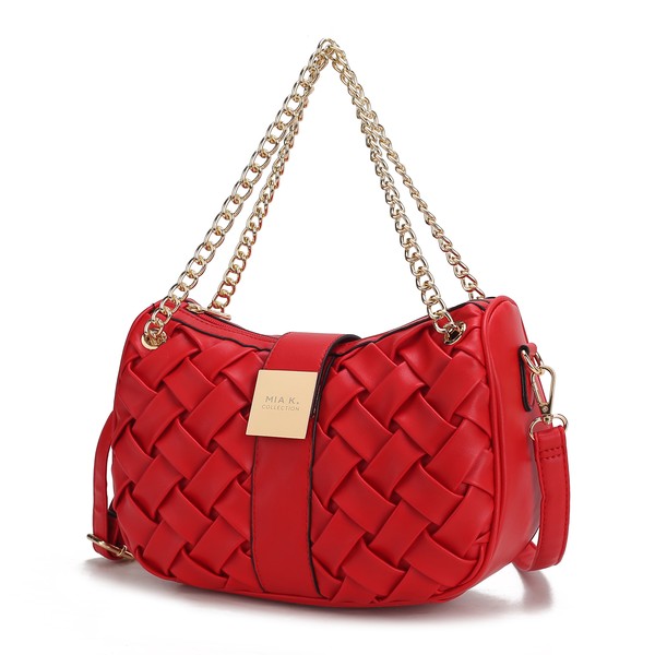 Red Solari Braided Chain Shoulder Bag with woven exterior and stylish braided chain strap.