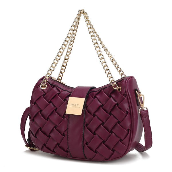 Burgundy Solari Braided Chain Shoulder Bag with woven texture and gold-tone chain strap.