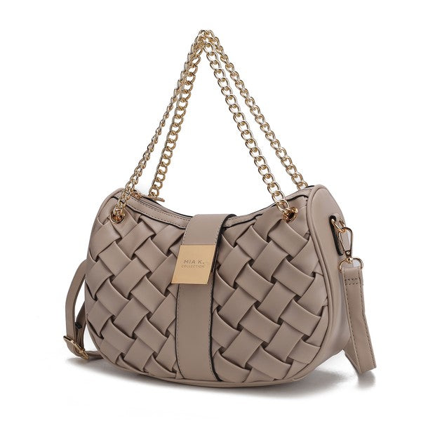 Beige Solari Braided Chain Shoulder Bag with woven exterior and gold-tone braided chain strap.