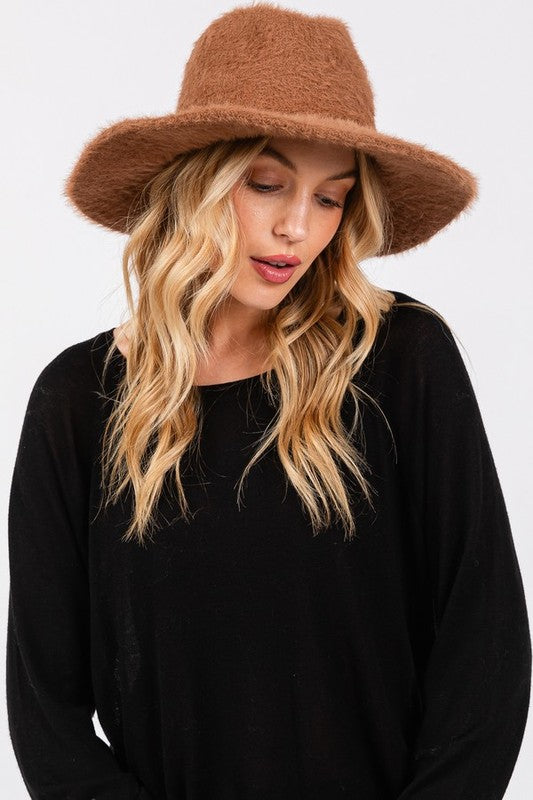 Halsey Fuzzy Fall Fedora Hat in Brown, structured crown and cozy fall-ready design
