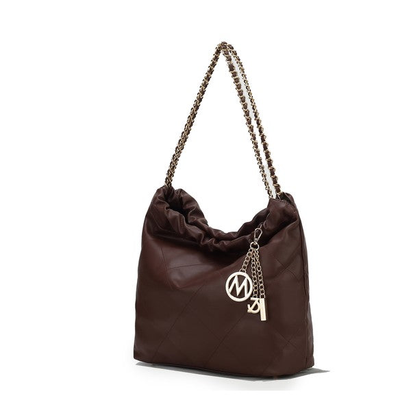 Coffee MKF Celestine quilted shoulder bag with gold chain strap and quilted texture.