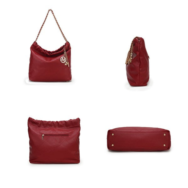 Collage of wine MKF Celestine quilted shoulder bag showing front, side, back, and bottom views.