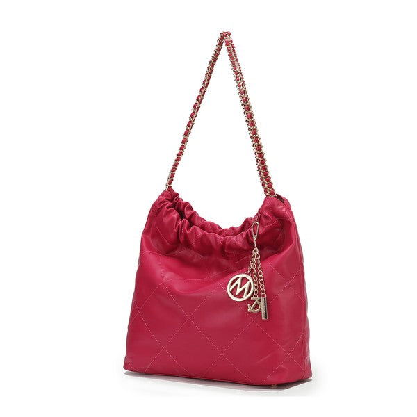 Fuchsia MKF Celestine quilted shoulder bag, gold chain strap, luxe quilted finish.