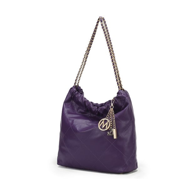 Purple MKF Celestine quilted shoulder bag, gold chain strap, secure main closure.