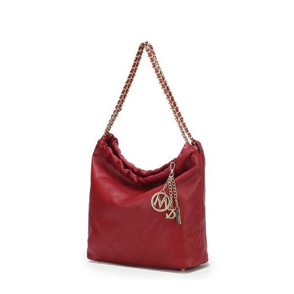 Wine MKF Celestine quilted shoulder bag with gold chain strap and back zip pocket.
