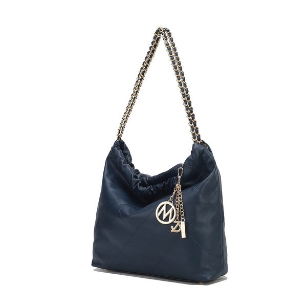 Navy MKF Celestine quilted shoulder bag, gold chain strap, elegant and functional.