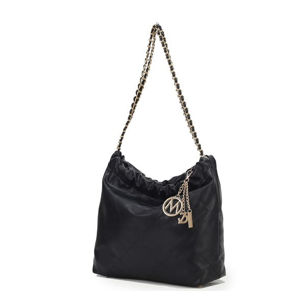 Black MKF Celestine quilted shoulder bag, gold chain strap, spacious interior.