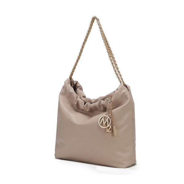 Beige MKF Celestine quilted shoulder bag with gold chain strap and secure closure.